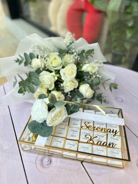 Beyaz Gül Söz Nişan İsteme Çiçeği ve Çikolatası